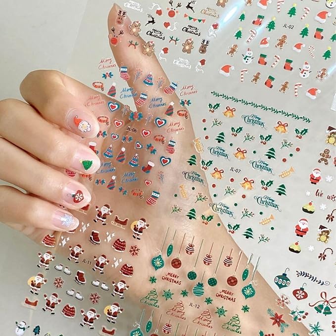 30 Sheets Christmas Nail Art Stickers 3D Self- Adhesive Snowflake Nail Charms Decals White Red Christmas Nail Decorations Accessories Supplies