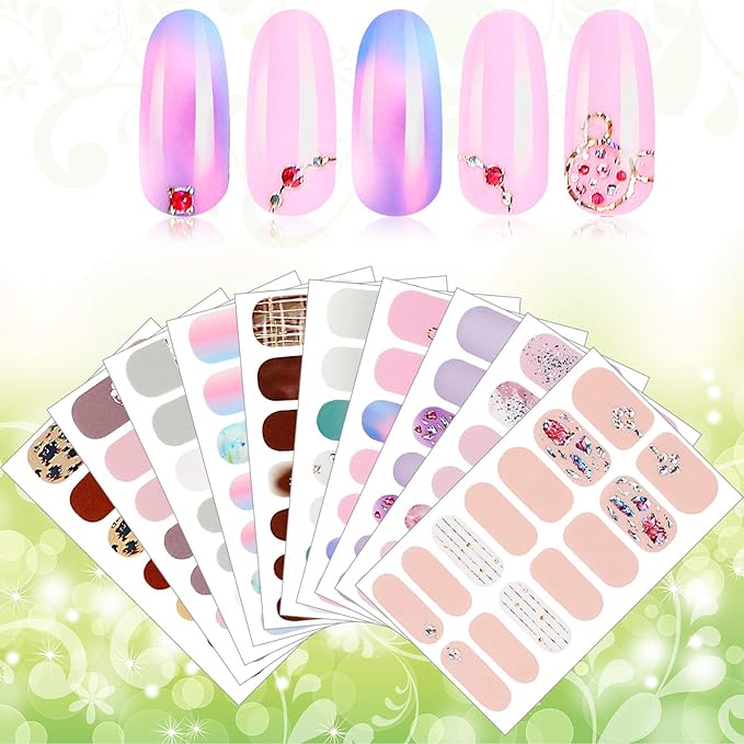 140 Pcs 10 Sheets Full Wrap Nail Stickers Polish Strips Gradient Stickers Glitter Self Adhesive DIY Art Decals Strips with 2 Pcs Nail Files for Holiday Decor (Shiny Style)