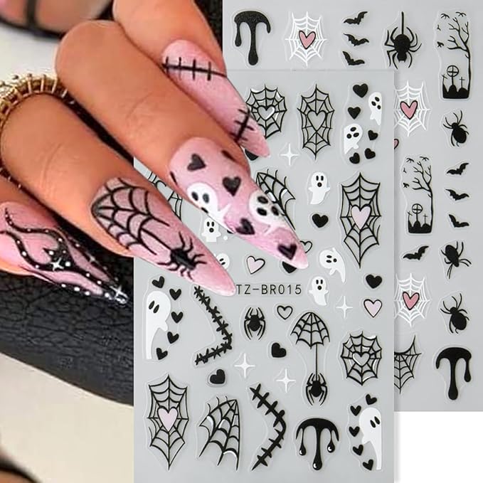 Spider & Bat Halloween Nail Decals - Self Adhesive Ghosts & Web Pattern Design - Day of The Dead DIY Nail Supplies & Charms for Women