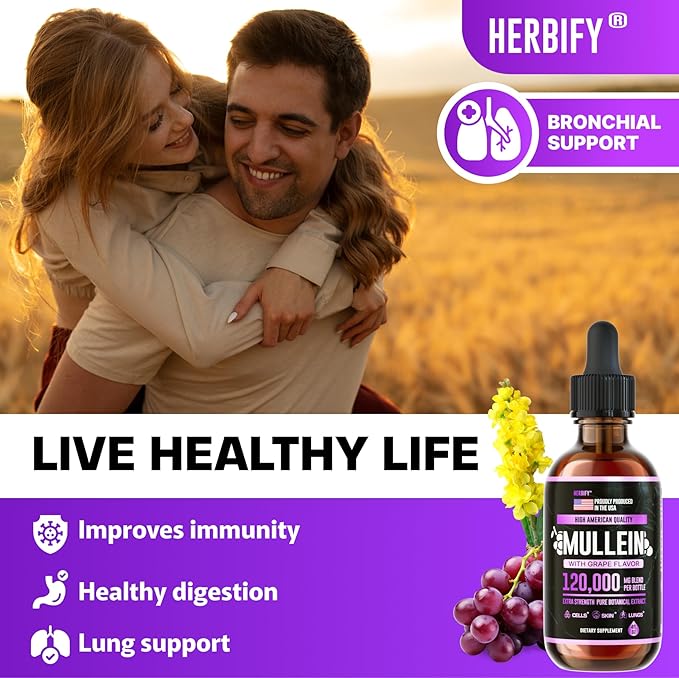 HERBIFY Mullein Drops - Lung Cleanse - Leaf Extract - Powerful Mullein for Immune Support, Detox & Respiratory Support - Made in USA - Herbal Supplements - 4 Oz Grape Flavor