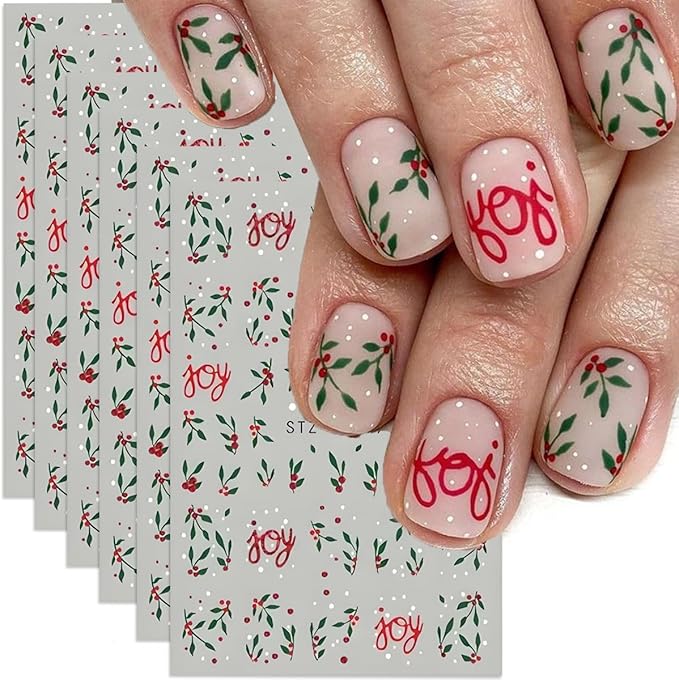 Christmas Nail Art Stickers Decals Red Green Holly Leaf Winter Nail Decals 6PCS Holly Leaves Joy Design 3D Self-Adhesive Xmas Nail Decals Nail Art Supplies for Holiday New Year Manicure Decorations