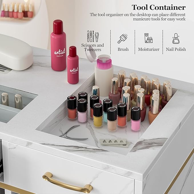 Nail Tech Table with Dust Collector, Glass Top Manicure Table Nail Desk Station w/7 Drawers & 3-Tiers Open Shelves, Nail Beauty Workstation w/Wrist Cushion & Golden Handles(Marble Color)
