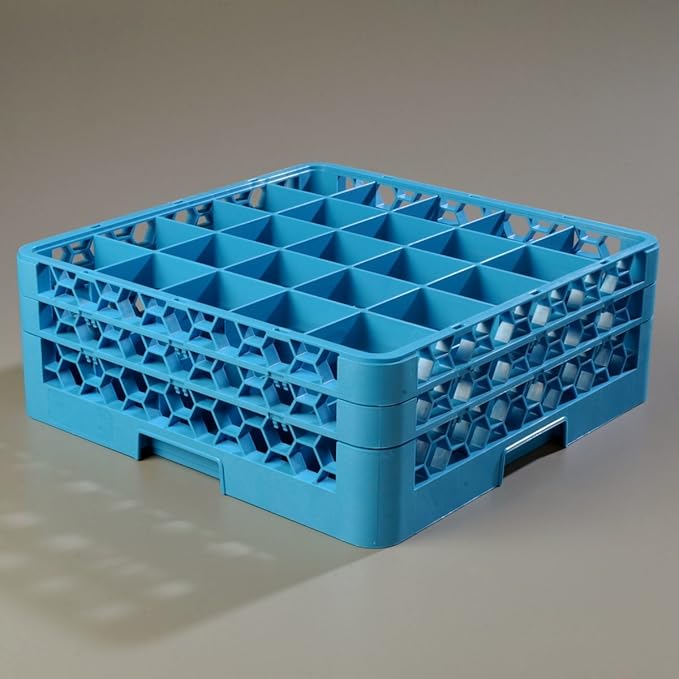 Carlisle FoodService Products OptiClean Plastic 25-Compartment Divided Glass Rack with Extender, Blue, (Pack of 3)