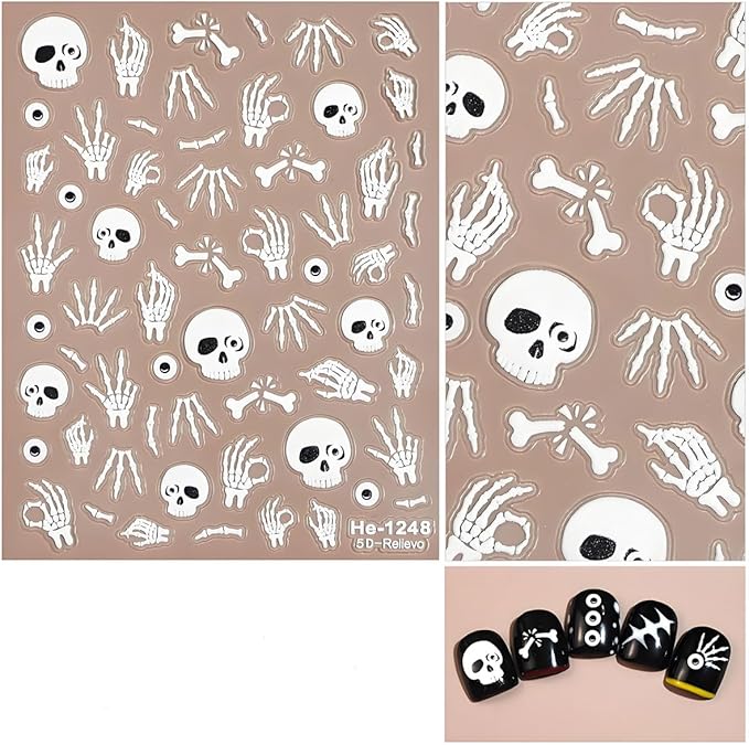 12Pcs Halloween Nail Stickers - 5D Embossed Halloween Nail Decals - Self-Adhesive Hand Bones Skull Spider Web Pumpkin Nail Design Decorations for Halloweens DIY Manicure Supplies
