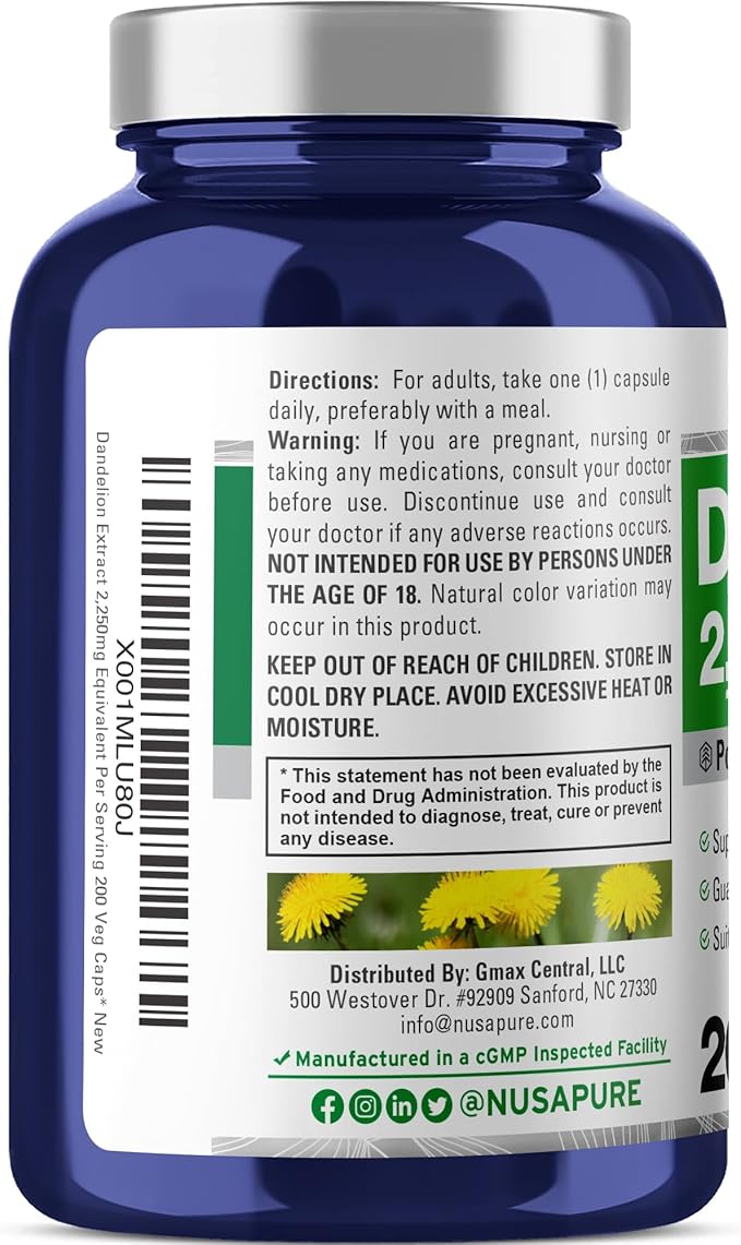 NusaPure Dandelion Root 20:1 Extract, 112.5mg Equivalent to 2,250mg 200 Veggie Capsules (Non-GMO)
