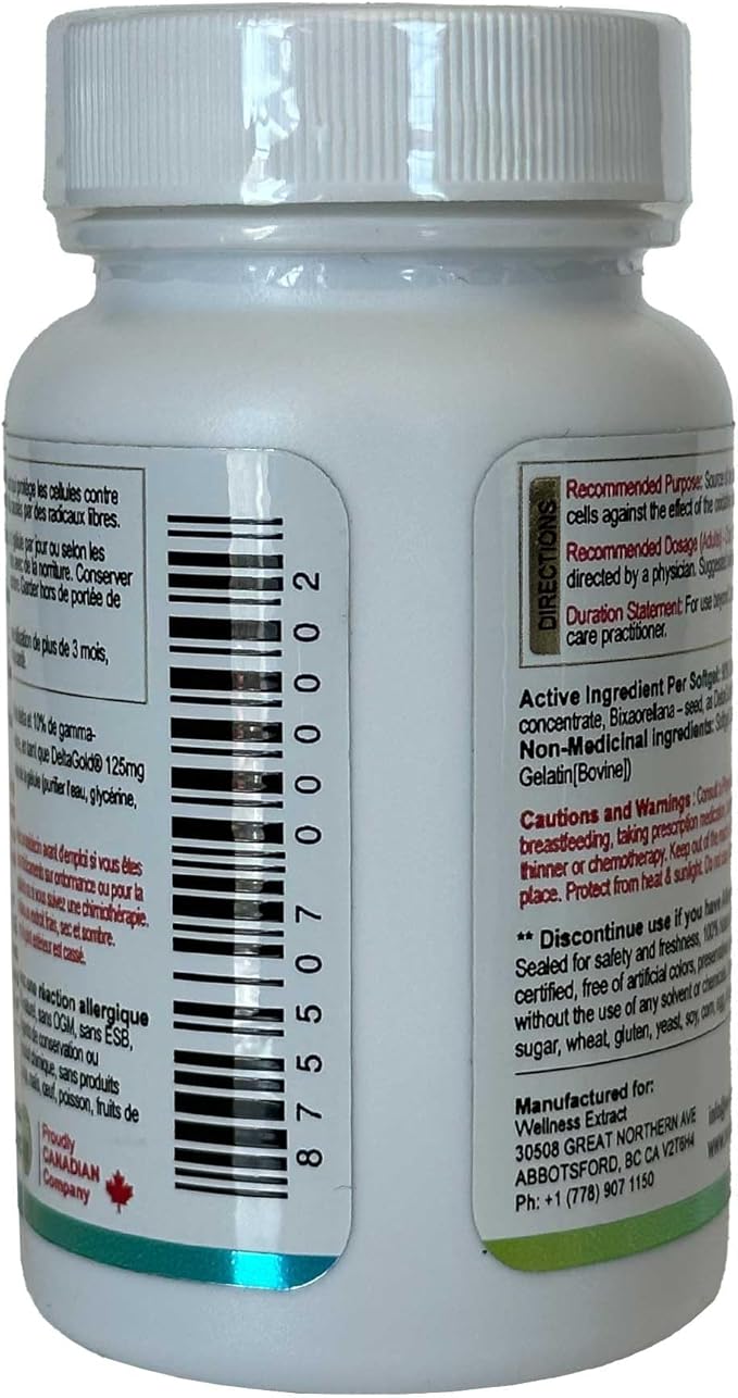 E Annatto Tocotrienols Deltagold 125mg, Vitamin E Tocotrienols Supplements 60 Softgel, Tocopherol Free, Supports Immune Health & Antioxidant Health (90% Delta & 10% Gamma) (Pack of 1)