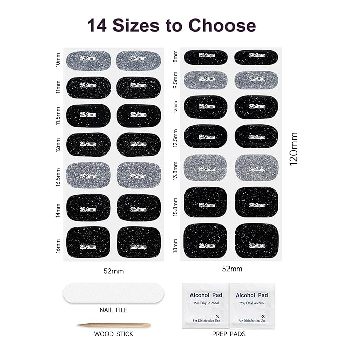 Semi Cured Gel Nail Strips,28 PCS Nail Art Stickers (Shiny Black Silver),Gel Stickers for Nails UV Light, Includes Prep Pads, Nail File & Wood Stick