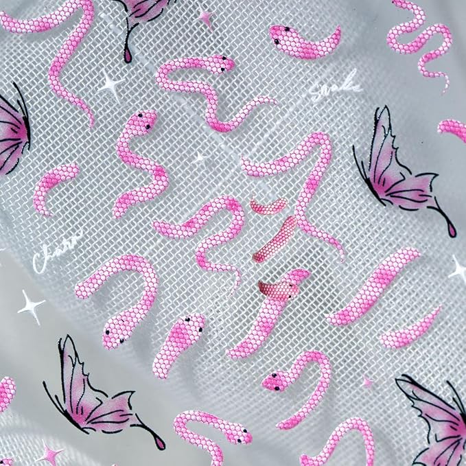 Pink Snake Nail Stickers Butterfly Nail Art Stickers 3D Self-Adhesive Snake Butterfly Star Design Nail Decals Halloween Acrylic DIY Nails Decoration Accessories for Women Holiday Nails