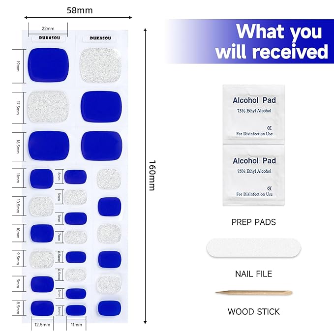 Semi Cured Gel Toe Nail Strips,26 Pcs Toes Nail Stickers Wraps(Shiny Blue),UV Light Required,Easy to Apply
