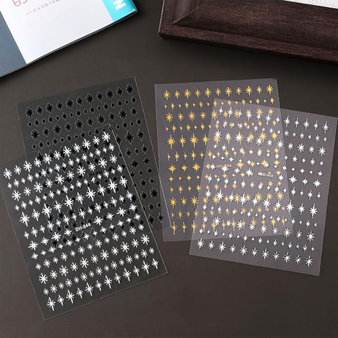 12 Sheets Star Nail Stickers Gold Silvery Nail Decals for Nails Art Black White Design Nail Supplies 3D Self-Adhesive Nails Decoration for Women
