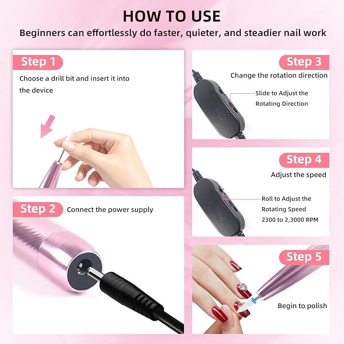 Portable Electric Nail Drill Machine Professional Kit, 23000 RPM Adjustable Speed, Nail Grinder Manicure Tool for Home Salon with Drill Bits Sanding Bands for Acrylic Gel Nails Pink