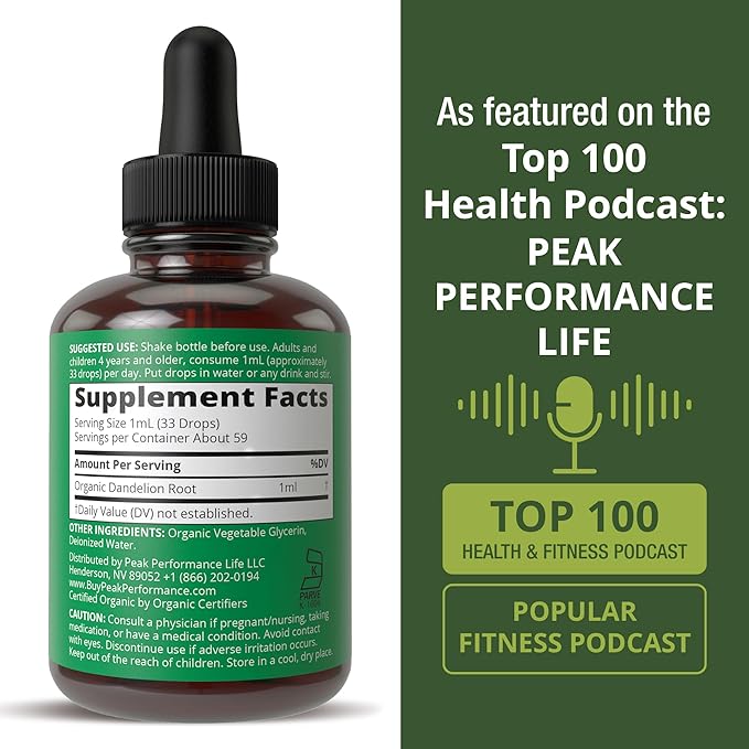 Dandelion Root Extract. USDA Organic Vegan Herbal Liquid Tincture Dandelions Supplement for Women and Men. Leaf Tonic for Immune, Liver, Gut Health. Zero Sugar, Gluten Free Supplements Not Capsules