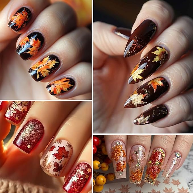 1Sheet 5D Embossed Thanksgiving Nail Art Stickers Self Adhesive Bronzing Fall Maple Leaves Design Nails Decals for Acrylic Nails Fiery Red Maple Leaf Nail Sticker for Women Autumn Nails Decor Supplies