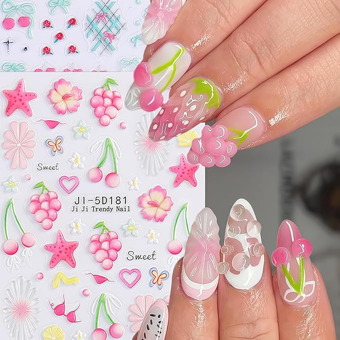Summer Nail Stickers for Nail Art 5D Embossed Flower Butterfly Bow Heart Cherry Starfish Ocean Theme Style Design Stickers Beach Nail Decals Salon Manicure DIY Decoration Kit for Women Nails