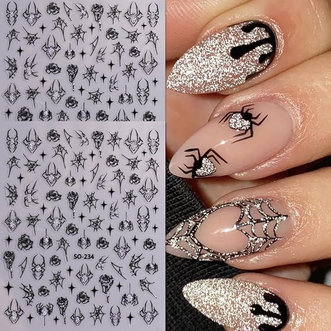 Spider Ghost Nail Stickers for Nail Art, Halloween Cute Spider Web Crystal Diamond Spider Design Nail Decals 3D Self-Adhesive Halloween Nail Art Stickers Holiday Nail Decoration for Women 6Sheets