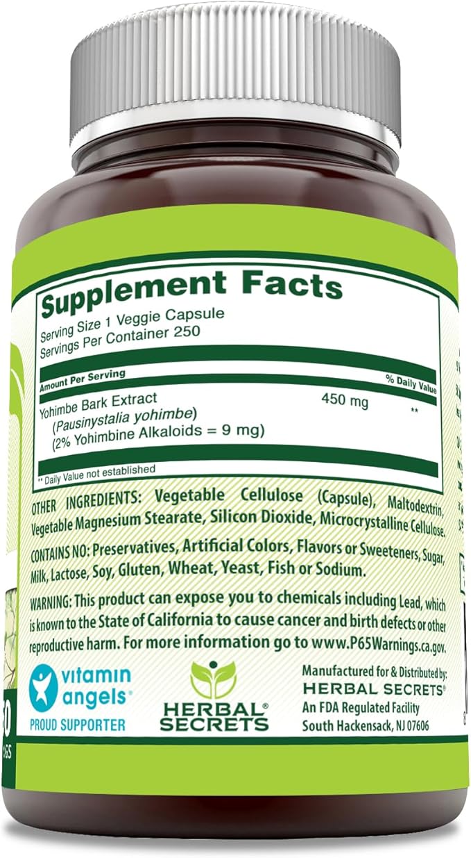 Herbal Secrets Yohimbe Extract 450 mg Supplement | Veggie Capsules | Non-GMO | Gluten Free | Made in USA (1 Pack, 250 Count)
