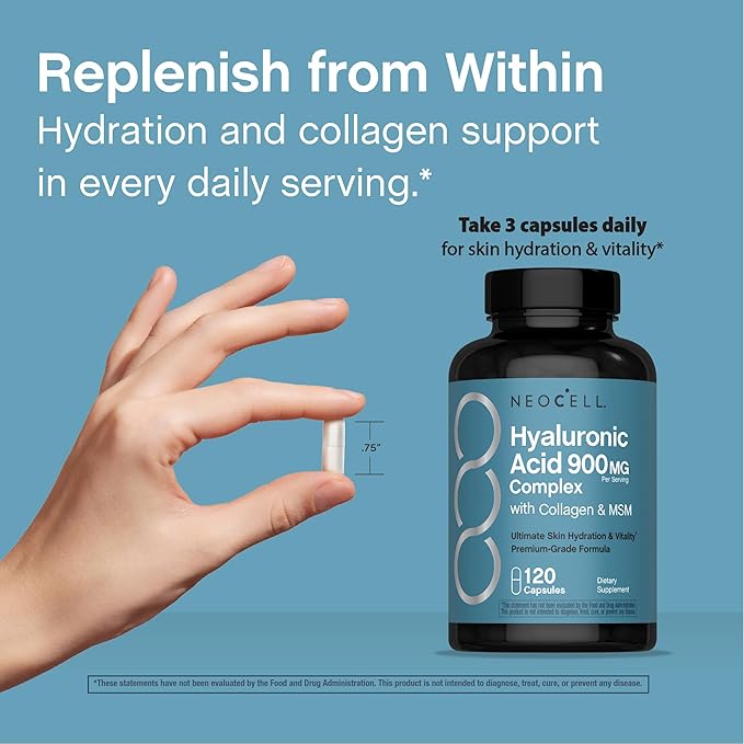 NeoCell Hyaluronic Acid Complex 900mg | 120 Capsules | with BioActive Collagen Peptides & MSM | Premium Grade Formula