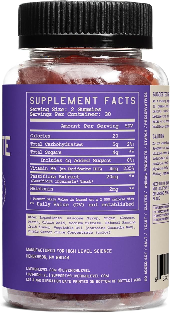 High Level Hibernate Sleep Gummies Adult, Passion Fruit Gummy with Melatonin, Vitamin B6 & Passiflora, Extra Strength, Non Habit Forming, Vegan, Gluten Free, 60 Count, Sleep Support Supplement