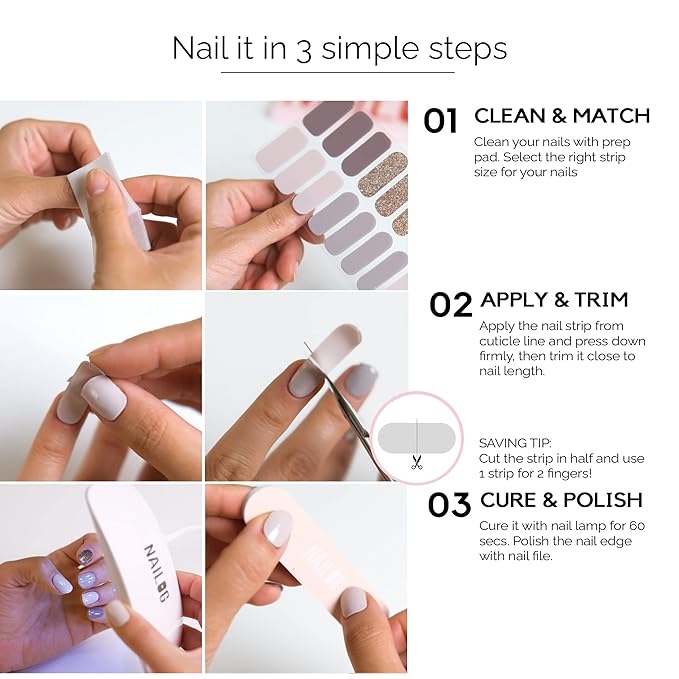 NAILOG Semi Cured Gel Nail Strips (20 Extra Long Stickers/Wraps) | Buy 2 Get 1 UV Lamp| Glossy & Long Lasting Soft Gel Finishing, Dazzling Night
