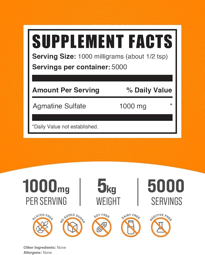 BulkSupplements.com Agmatine Sulfate Powder - Nitric Oxide Supplement, Agmatine Sulfate 1000mg - Unflavored & Gluten Free, 1000mg per Serving, 5kg (11 lbs) (Pack of 5)