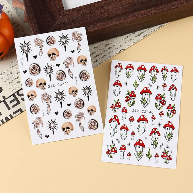 Halloween Nail Art Stickers Decals Mushroom Ghost Skull Nail Decals 6PCS 3D Ghosts Rose Skull Black Cat Pumpkin Spiders Halloween Design Nails Adhesive Sticker Supplies for Women DIY Manicure Nail Art