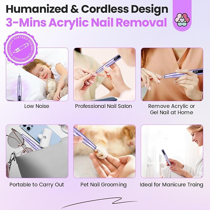 SAVILAND Electric Nail Drill: 35000RPM Cordless Electric Nail File Portable Nail Drill Professional 0 Vibration Hight Speed for 3 Mins Removal Acrylic for Manicure Pedicure Nail Salon at Home(Purple)