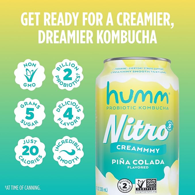 Humm Nitro Kombucha Piña Colada, Creamy Smooth Probiotic Drink with L-Theanine, Non-GMO, Vegan, Gluten Free, 12 fl oz (Pack of 24)