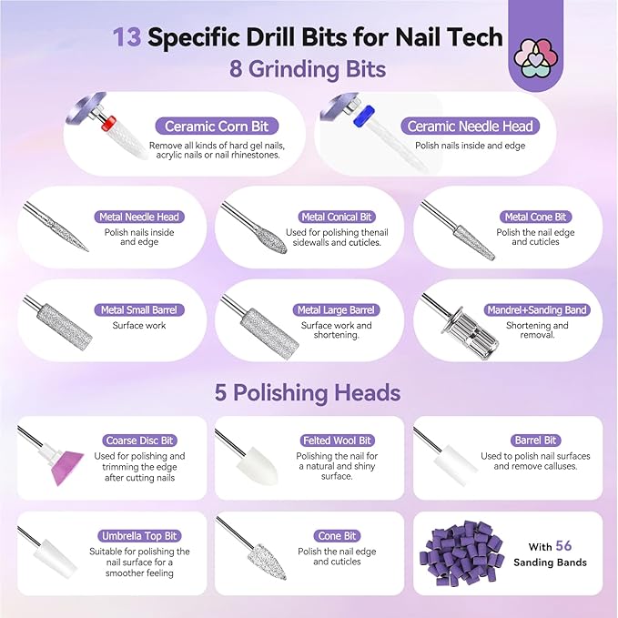 SAVILAND High Speed Nail Drill 40000 RMP: Diamond Shiny Electric Nail File 2600 mAh Rechargeable Nail Drill Kit for Thick Acrylic Nails Removal with Ceramic Drill Bits Sanding Bands Nail Tech Salon