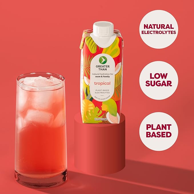 Greater Than Nutrient Hydration Beverage, Electrolyte Drink for Gut Health & Energy with Coconut Water, Vitamins, Gluten Free, Plant Based, Low Sugar, Tropical, 24 Pack