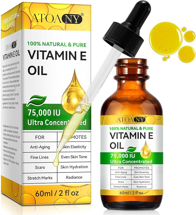Vitamin E Oil,Natural Vitamin E Oil for Skin 75,000 IU, Organic Pure Vitamins E Oils for Skin Face,Body Bath Moisturizing and Winkles,Reduce Fine Lines & Scars 2Fl Oz