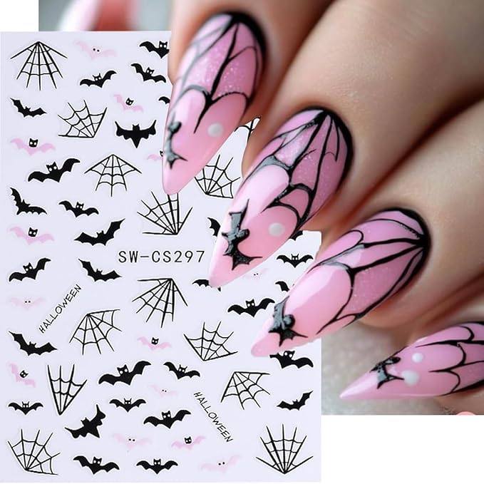 Halloween Nail Art Stickers 3D Bat Spider Web Halloween Nail Decals Self-Adhesive Nail Art Supplies 6PCS Pink Pumpkin Skull Butterfly Skeleton Design Holiday Nail Stickers for Women DIY Nail Salon