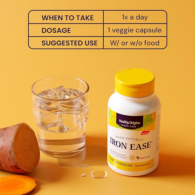 Healthy Origins Iron Ease 45 mg (Featuring Albion Ferrochel, Non-GMO, High Potency, Ferrous Bisglycinate Chelate), 180 Veggie Caps