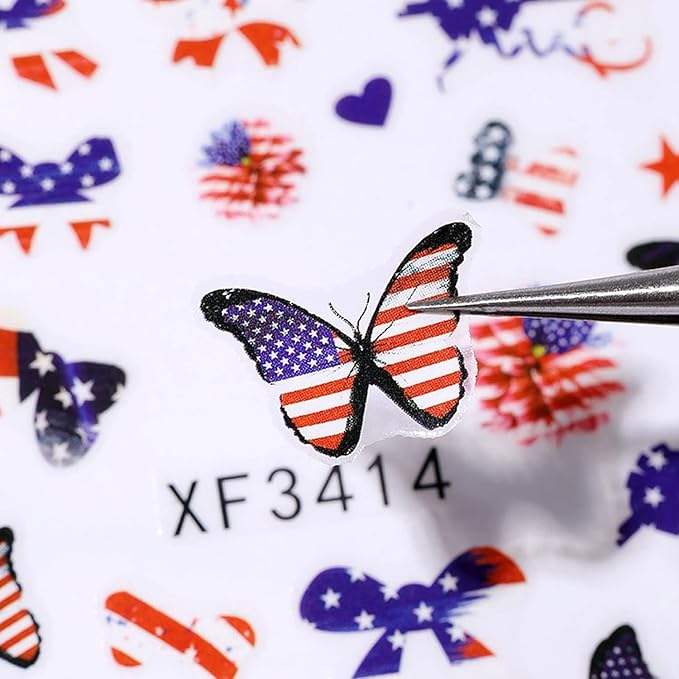 8Sheets 4th of July Nail Art Stickers Decals Red Blue White American Flag 3D Self-Adhesive Nail Decals Flame Butterfly Heart Designs Independence Day Nail Decorations DIY Nail Supplies for Women Kids