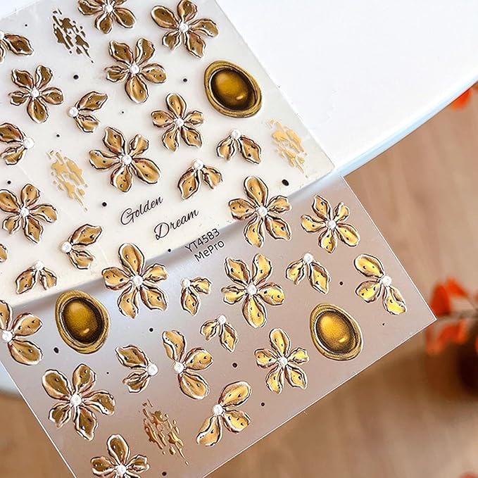 1Sheet Self-Adhesive Bronzing Devil Flower Nail Art Stickers 5D Embossed Light Brown Flowers Designs Nail Decals Cute Floral Nail Stickers Spring Summer Nail Art Supplies for Women Nails Decoration
