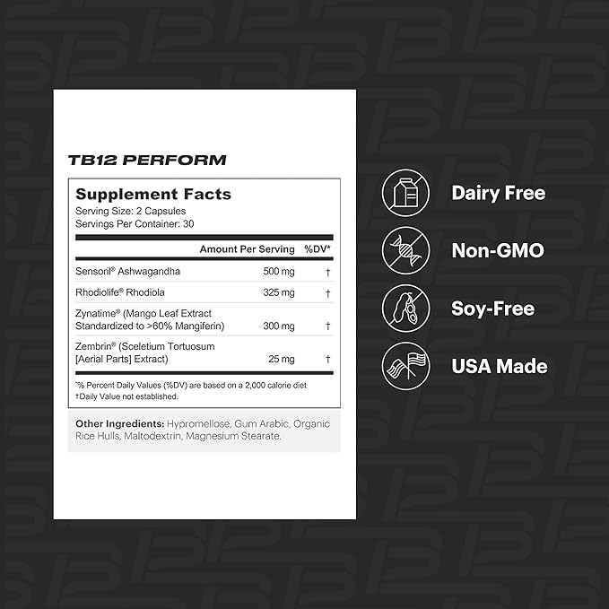 TB12 Perform - Premium Performance Supplement with Mango Leaf, Sceletium, Rhodiola, and Ashwagandha to Promote Steady Energy, Aid Focus and Cognitive Function, and Support Mood and Stress
