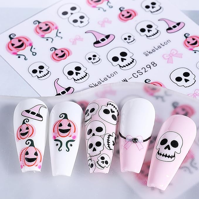 5 Sheets Halloween Nails Stickers Spider Web Bat Nails Art Stickers 3D Self-Adhesive Supplies Nail Decal with Evil Pumpkin Skeleton Design Nail Sticker for Nail Art Women's DIY Decoration