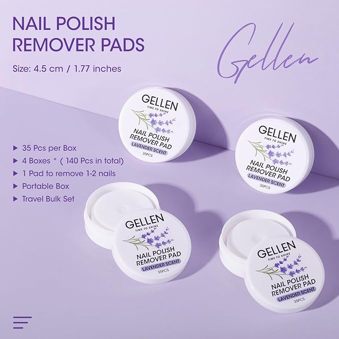 Gellen Nail Polish Remover Pads Acetone Free, Lavender Sent Nail Polish Remover Wipes for Fingernail Toenail, No Drying Formula,140pcs Travel Size Bulk Set, No Leakage, Long-lasting For 12+ Months