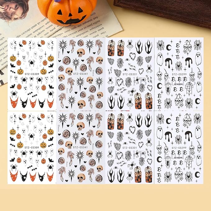 Halloween Nail Art Stickers, Cute Ghost Nail Art Decals 3D Self-Adhesive Spider Bat Pumpkin Stars Skull Spider Web Nail Design 8Pcs Halloween Nail Art Supplies for Women Nail Decoration