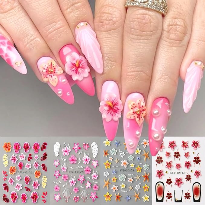 Cute Flowers Nail Art Stickers 5D Embossed Flower Nail Decals with Rhinestones Design Nail Stickers Self-Adhesive Colorful Floral Starfish Nail Decal French Sticker for Women Summer Hawaii Nails Decor