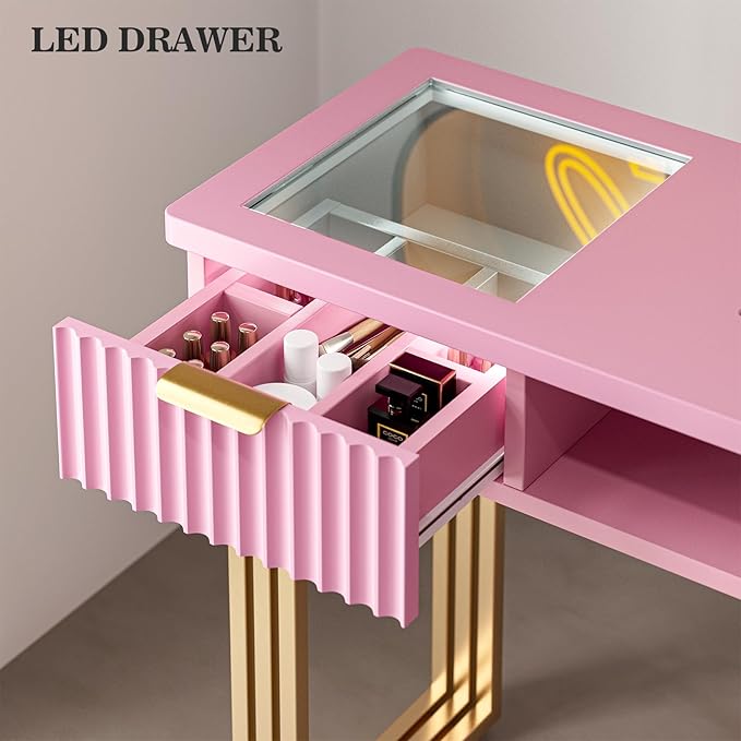 Manicure Table for Nail Tech with Dust Collector, Nail Station Desk w/4 Drawers & LED Lights, Acetone Resistant Beauty Salon Workstation w/Wrist Cushion (Pink)