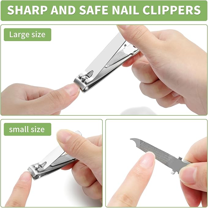 Premium Nail Clippers Set | Stainless Steel with Built-in File | 3.1" Toenail & 2.2" Fingernail Clippers for Men & Women | Curved Blades for Precision Cutting & Easy Grip (Silver)