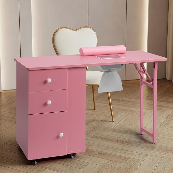 Winado Foldable Manicure Table for Nail Tech, Nail Desk Station Makeup Beauty Salon Storage Acetone Resistant w/Electric Dust Collector, Lockable Wheels, Wrist Cushion, Drawers & Cabinet, Pink