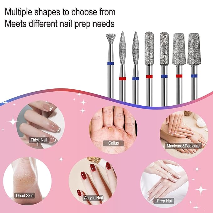 Cuticle Clean Nail Drill Bit, 3/32" Russian Diamond Nail File bits, Safety Carbide Under Nail Cleaner for Cuticle Dead Skin Nail Prepare, Nail Salon Manicure, (Trapezoidal Barrel-Fine)