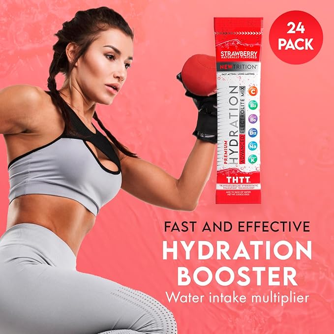 Hydration Powder, Electrolyte Powder Packets, Naturally Flavored Hydrating Packets for Water, Fast Acting Hydrate Electrolytes with Vitamins C & D (Pack of 24, Strawberry)