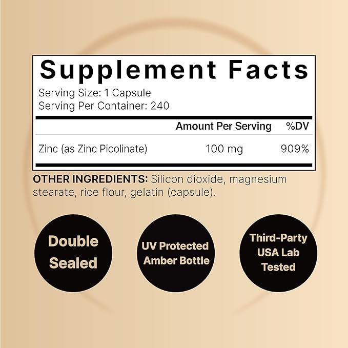 High Potency Zinc Picolinate 100mg - 240 Capsules, Bioavailable Form of Zinc for Immune Support and Skin Health - Non-GMO and Gluten