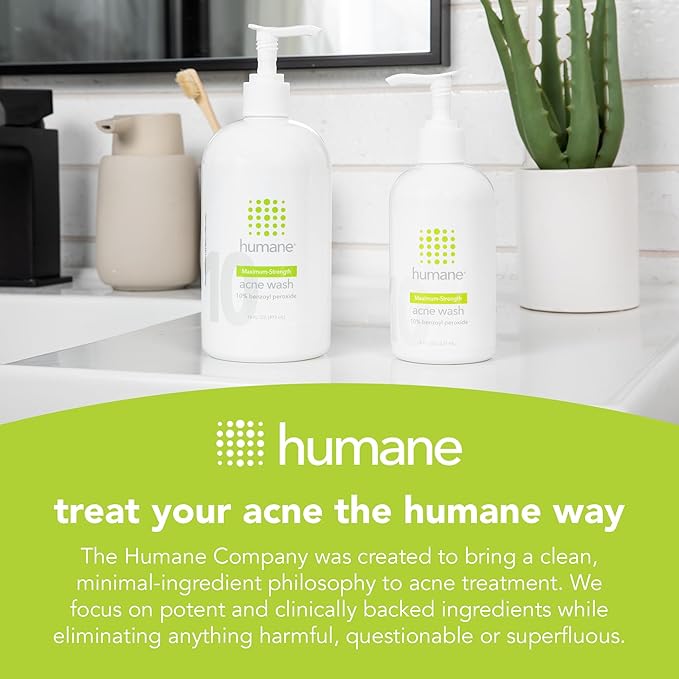 humane Benzoyl Peroxide Acne Body Wash - 10% Maximum-Strength Face, Skin, Butt, and Back Acne Treatment - 8 Fl Oz - Dermatologist-Tested Non-Foaming Acne Face Wash Cleanser - Vegan, Cruelty-Free