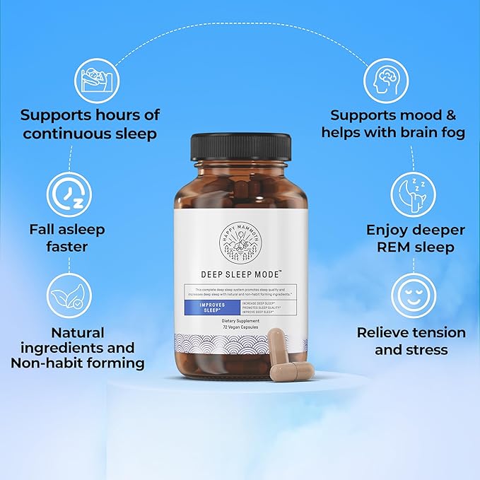 Happy Mammoth Deep Sleep Mode. Get A Perfect 7-9 Hours Sleep. Melatonin Free, Improves Sleep, Deeper Sleep, Less Waking Up. 3-in-1 Non-Habit-Forming Formula Calms The Nervous System for Better Sleep.