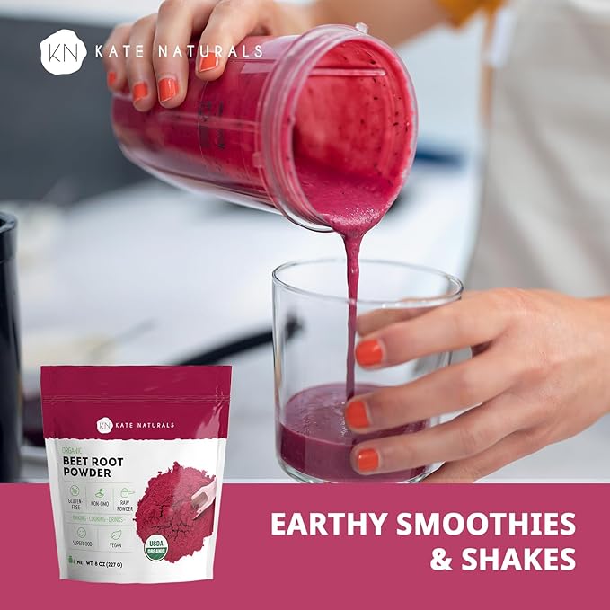 Kate Naturals Organic Beet Root Powder for Smoothies, Baking & Juice. Raw Beetroot Superfood Extract & Natural Red Food Coloring & Nitric Oxide (8oz, Non-GMO, Earthy Flavor)