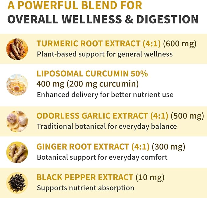Liposomal Turmeric - High-Absorption Curcumin Supplements, Non-GMO Blend for Digestive Comfort & Daily Support - Organic Turmeric Supplement with Black Pepper (120ct, Pack of 1)