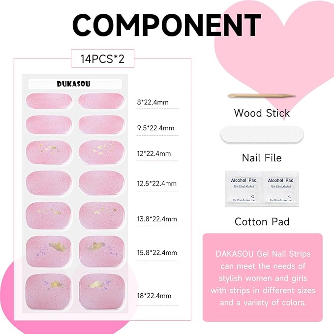 Semi Cured Gel Nail Strips, 28 pcs Gel Nail Stickers Work with Any UV Lights, Long-Lasting Nail Wraps, Stick on Nails for women Easy to Apply & Remove
